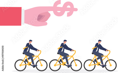 Hand giving a dollar sign to a group of cycling professionals
