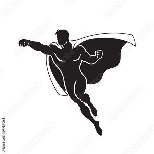 Black silhouette of a flying superhero with a flowing cape, extending one arm forward in a powerful punch stance, isolated on a white background