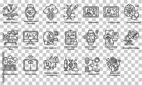 Medical Technology and Digital Healthcare Line Icon Set - Smart Health, Telemedicine, and Biotech Vector Icons.