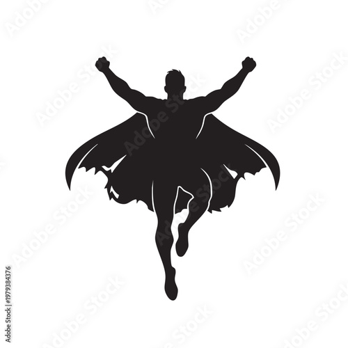 Black silhouette of a flying superhero with a cape, arms raised in a triumphant stance, isolated on a white background, dynamic comic book style character