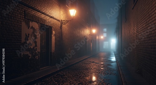Dark Alleyway with Fog and Streetlights.