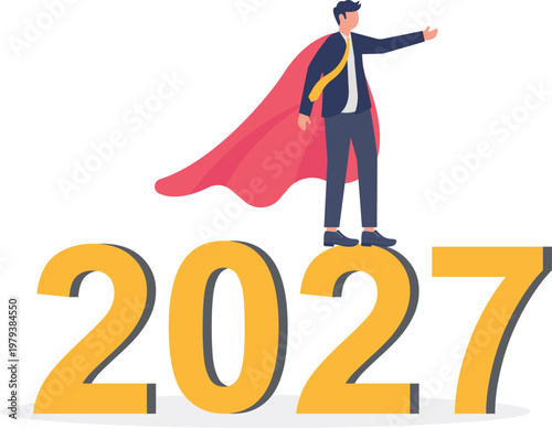 Superhero professional standing on top of 2027 text