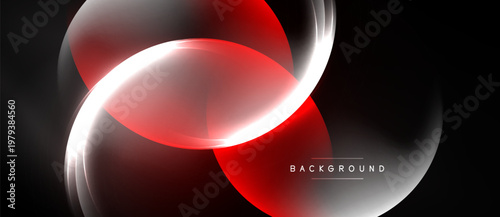 Abstract design features glowing red, white curves. Dark background enhances luminosity, creating dynamic visual effect. Modern, sleek presentation.