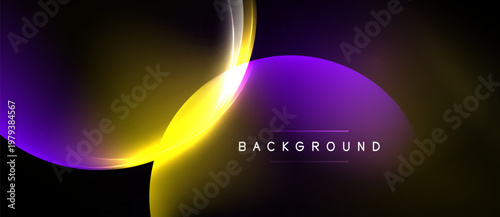 Abstract design features vibrant purple, yellow glows against black backdrop. Smooth curves create dynamic visual effect. Modern, elegant.