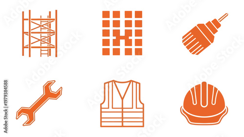 Construction Icons: A collection of meticulously crafted, orange construction icons, perfect for representing building elements, tools, and safety equipment.