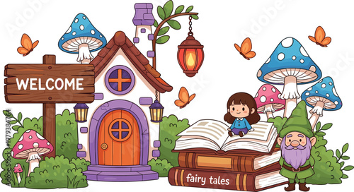 Fairy Tale House and Magical Forest Vector Illustration with Mushrooms, Gnome, Child Reading Books, Welcome Sign, and Fantasy Storybook Scene for Kids and Storytelling Projects