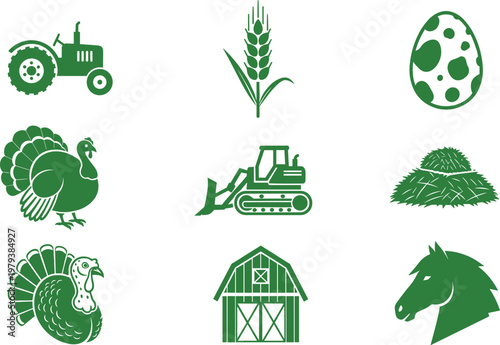 Farm and Agriculture Icon Set Featuring Tractor, Turkey, Barn, Egg, and Wheat for Farming, Livestock, and Rural Life Designs