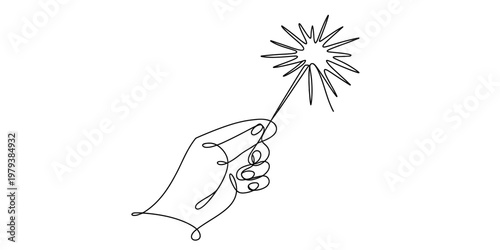 A continuous one line drawing of a human hand holding a sparkling firework stick celebration Vector, illustration
