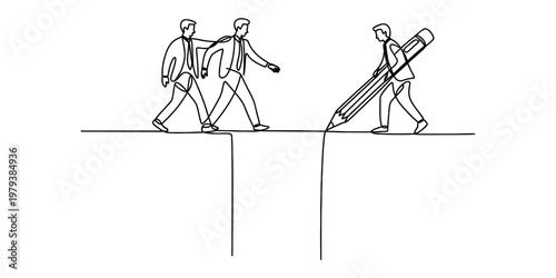 A single line drawing illustrating business professionals bridging a gap with a large pencil tool. Vector, illustration
