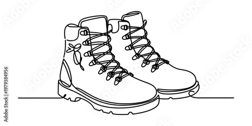 A single continuous line drawing of a pair of rugged hiking boots with a detailed floral design Vector, illustration