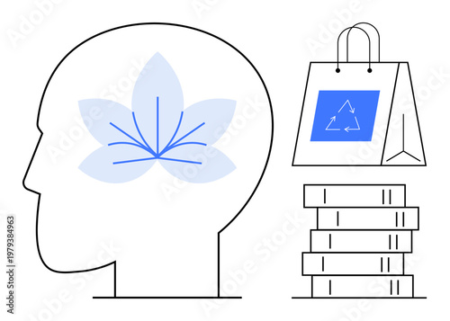 Wellness, mindfulness, sustainability, education, environmental responsibility, eco-consciousness. Profile of a head with a flower, bag with recycling symbol and books. Wellness and sustainability