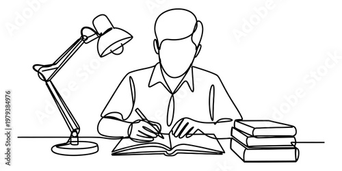 A continuous line drawing of a focused student studying with books and a lamp on a wooden table. Vector, illustration
