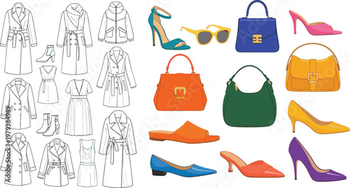Fashion Clothing and Accessories Vector Set with Trench Coats, Dresses, High Heels, Flats, Sandals, Colorful Handbags, Sunglasses, and Footwear Illustrations for Style and Outfit Designs