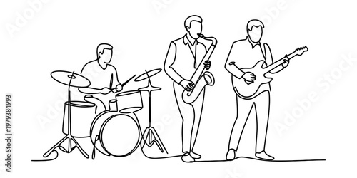 A minimalist continuous line drawing depicting a musical trio playing drums saxophone and guitar Vector, illustration