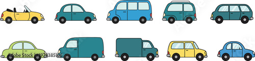 Colorful flat vector set of urban vehicles, including sedans, vans, and delivery trucks.