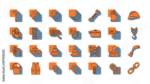 Construction Icon Set: Complete construction tool and safety equipment icon set. It symbolizes safety, industry and worker
