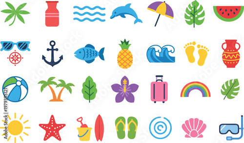Colorful flat vector icon set for summer holidays, beach vacations, and tropical travel