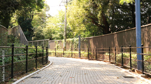 Stone pathway in Tatsumi, Koto-ku - Serene urban park walkway with curved pavement, iron railings, and lush green trees in Tokyo, Japan, captured during a bright sunny afternoon