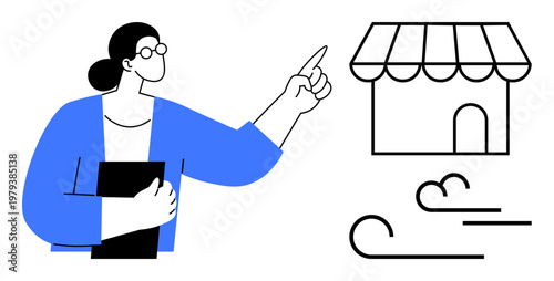 Business strategy, delivery services, e-commerce, retail management, logistics, small business. Woman pointing at storefront outline with movement lines. Business strategy and delivery services