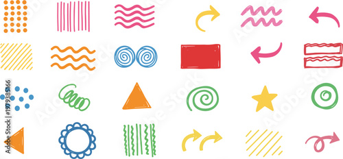Hand-drawn abstract vector shapes, arrows, and decorative marks in vibrant colors.