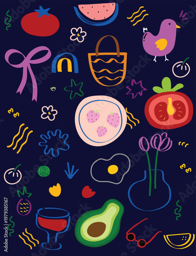 Whimsical Hand-Drawn Picnic and Food Doodles Pattern on Dark Blue Background