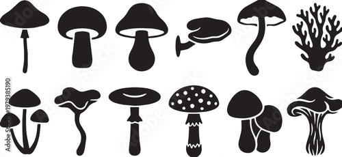 Black mushroom silhouette icons, set of 12 forest fungi vector elements, minimalist botanical mushroom shapes for nature and food design