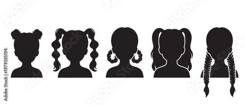 Black silhouette girl head icons with different hairstyles, set of 5 female child avatar vector elements, young girl portrait silhouettes for web design