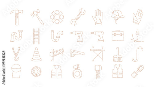 Construction Tools Icon Set: An array of detailed construction tools icons, perfect for representing craftsmanship and building trades. Featuring icons for hammer, wrench, and more.