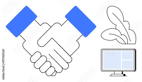 Business deals, teamwork, professional networking, workplace collaboration, online communication, virtual agreement. Handshake icon with computer and abstract shapes. Business deals and teamwork