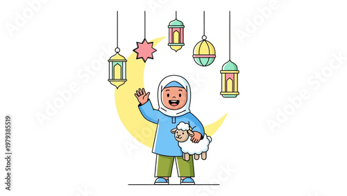 Muslim girl holding a sheep and waving for Eid al-Adha celebration vector illustration with lanterns and crescent moon