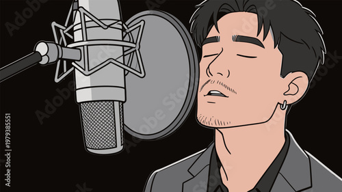 Man Singing in Recording Studio with Microphone