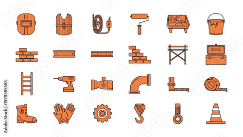 Construction tools icon set: A comprehensive set of construction tools depicted as icons, suitable for illustrating various aspects of the building industry, renovation, and home improvement projects.
