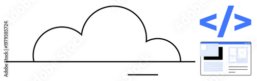 Cloud computing, web development, coding, internet services, software development, online functionality. Image of a cloud with coding symbols and a browser window. Cloud computing and web development