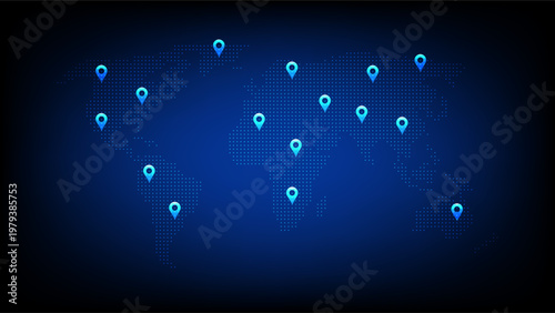Technology world map with blue location pins representing global connections and international network coverage