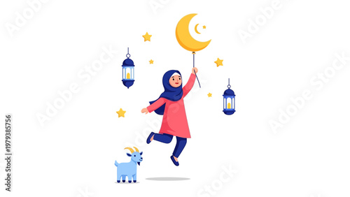 Happy Muslim girl in hijab jumping with crescent moon balloon and goat for Eid al-Adha celebration vector illustration