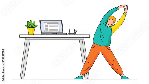 Woman stretching at desk during work break vector illustration for office wellness and healthy lifestyle