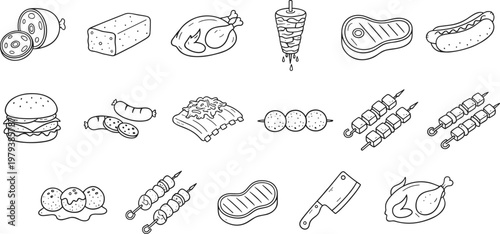 Vector illustration of meat and food icons including sausage, steak, chicken, hamburger, ribs, kebabs, and butcher tools