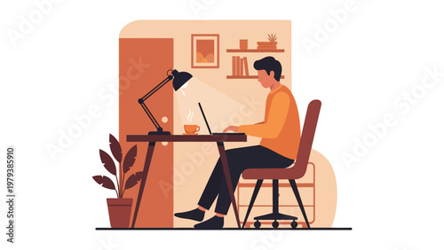 Man Working on Laptop at Desk in Home Office Flat Design Vector Illustration for Remote Work