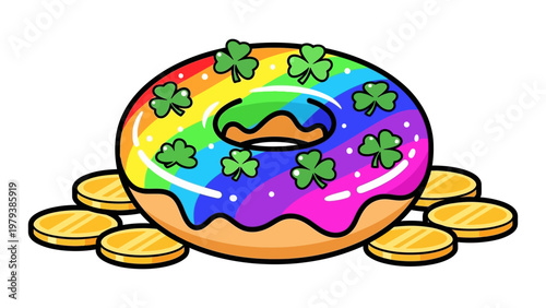 St. Patrick's Day donut with rainbow frosting and shamrocks surrounded by gold coins vector illustration