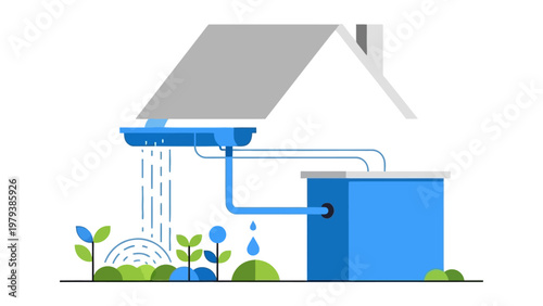 Rainwater harvesting system flat design vector illustration showing water collection from roof to storage tank for garden irrigation