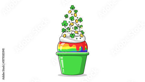 St Patricks Day Rainbow Ice Cream with Shamrocks and Gold Coins Vector Illustration