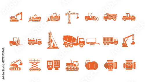 Construction Equipment Icons: A collection of orange-colored silhouette icons representing various construction machinery and vehicles, set against a clean backdrop.