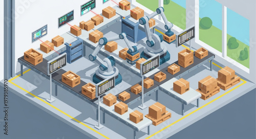 Automated factory production line with robotic arms and boxes.