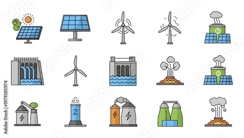 Renewable energy and power plant icon set featuring solar panels wind turbines and hydroelectric dams vector illustration for sustainable industry infographics