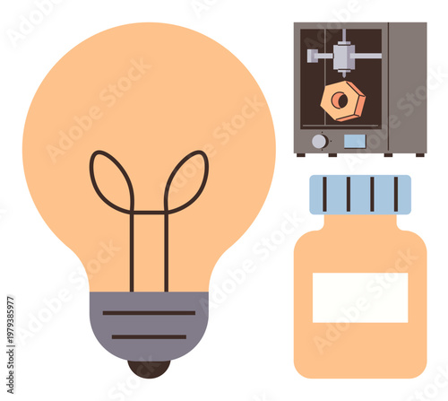 Creativity, innovation, 3D printing, healthcare, product design, technology. Large light bulb, a 3D printer with a hexagonal object and a medicine bottle. Innovation and 3D printing