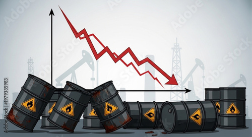 Oil barrels and falling stock market graph representing economic downturn.