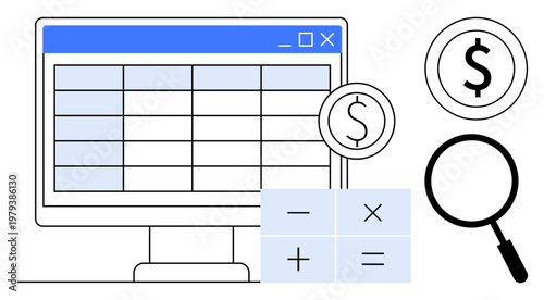 Financial data concept. Financial data presented with spreadsheet, dollar icons, calculator symbols, and magnifying glass. Financial tools for analysis, budgeting, or accountant workflows. Perfect