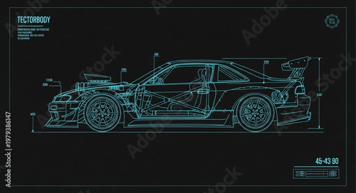 Futuristic Sports Car Blueprint Design on Black Background.