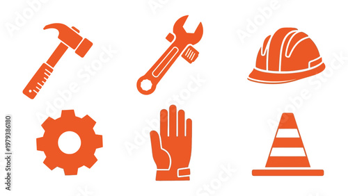 Construction Gear Essentials: A vibrant orange set of construction tools, safety gear and equipment, perfectly illustrating elements central to the construction, engineering, building.