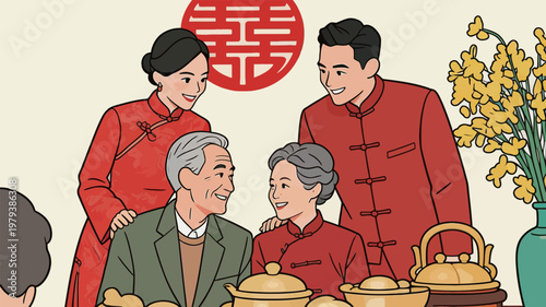 Chinese Family Gathering with Traditional Chinese Clothing